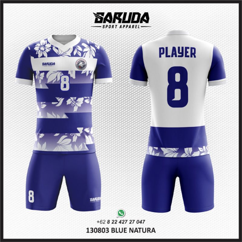 Desain Baju Jersey Code Blue Natura Warna Biru Putih Motif Dedaunan