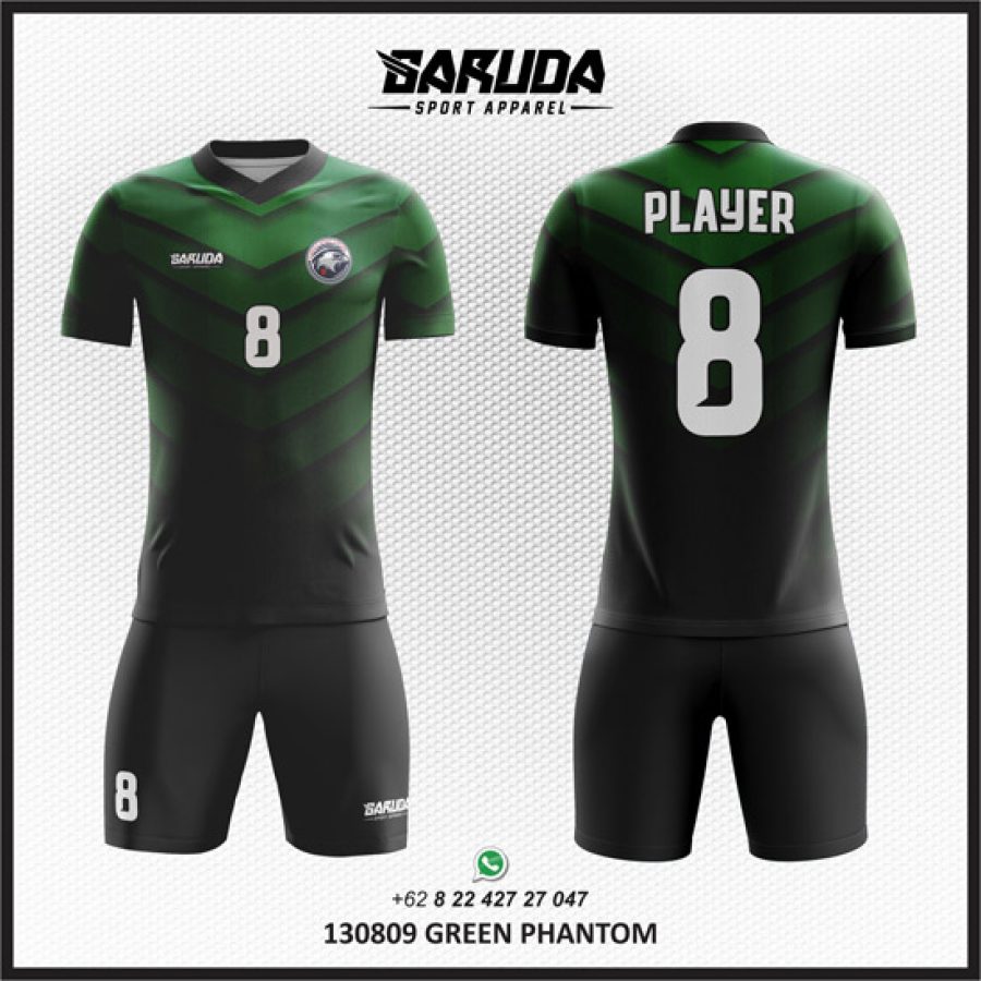 Desan Baju Jersey Green Phantom Motif Huruf V Gradasi Hijau Hitam