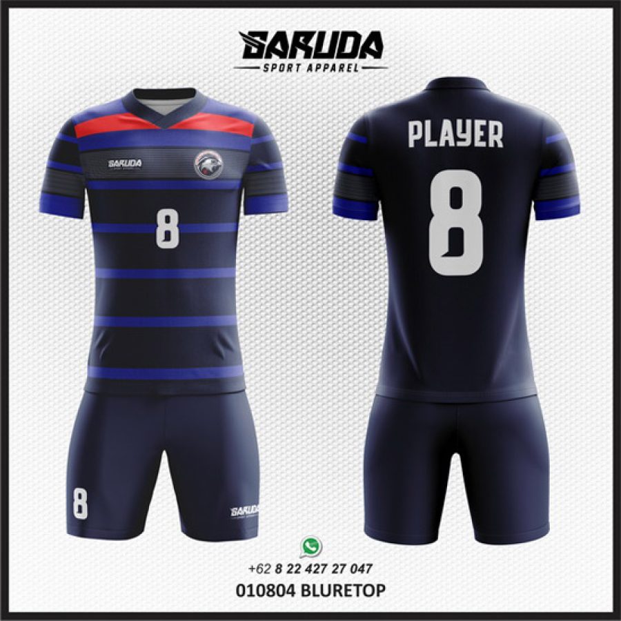 Desain Kaos Jersey Bluretop Warna Biru List Merah yang Simple Banget