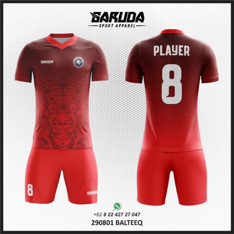 Desain Kostum Jersey Code Balteeq Gambar Ukiran Bali Warna Merah