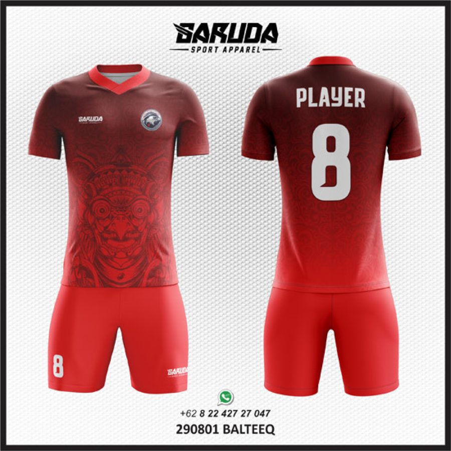 Desain Kostum Jersey Code Balteeq Gambar Ukiran Bali Warna Merah