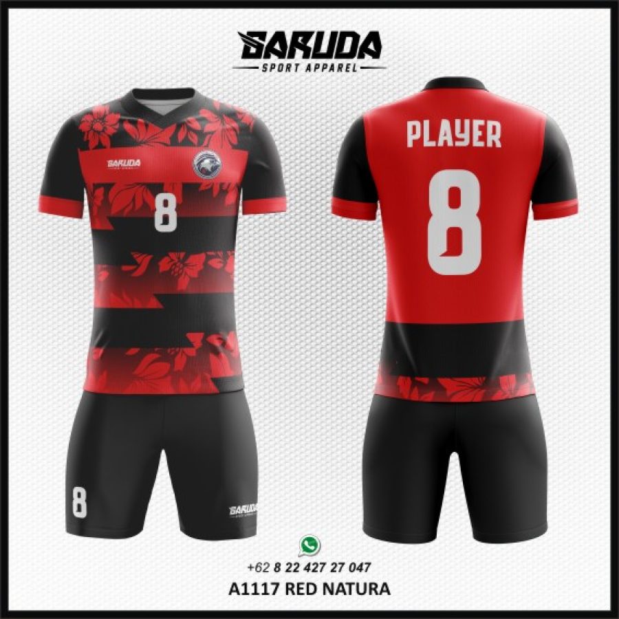 Desain Kostum Jersey Code Red Natura Merah Hitam Motif Daun