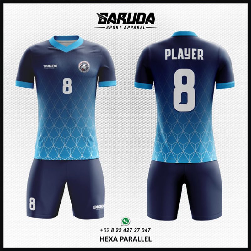 Desain Kostum Jersey Hexa Parallel Motif Jaring-jaring Gradasi Biru