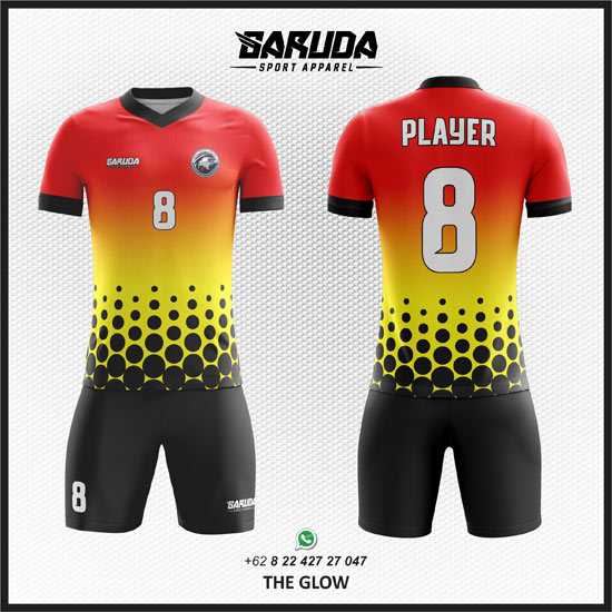 Desain Kostum Seragam Futsal Printing The Glow gradasi merah dan kuning