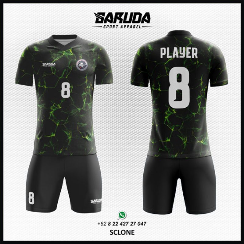 Desain Kostum Jersey Code Sclone Warna Hitam Gambar Kilatan Hijau