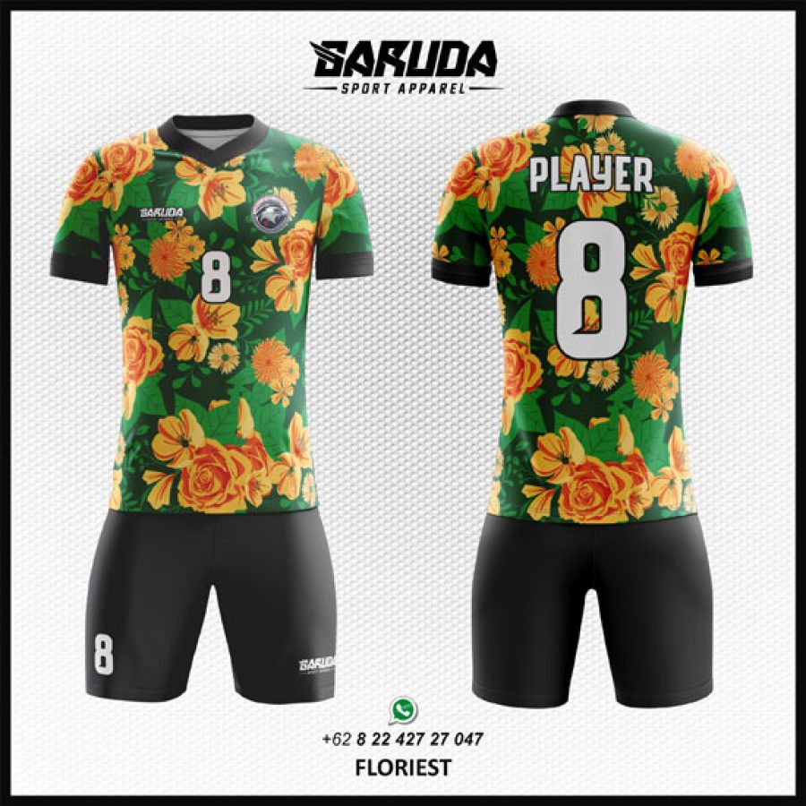 Desain Baju Jersey Code Floriest Motif Bunga Warna Hijau Hitam Orange