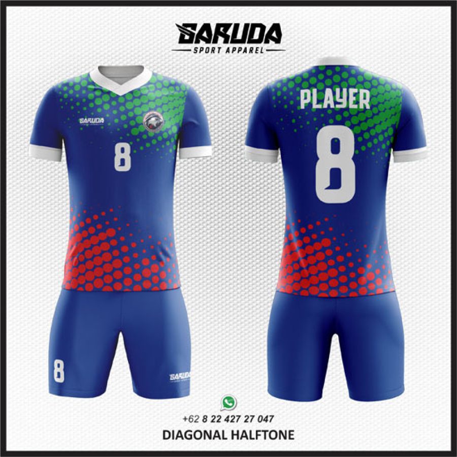 Desain Kostum Jersey Diagonal Halftone Biru Hijau Merah