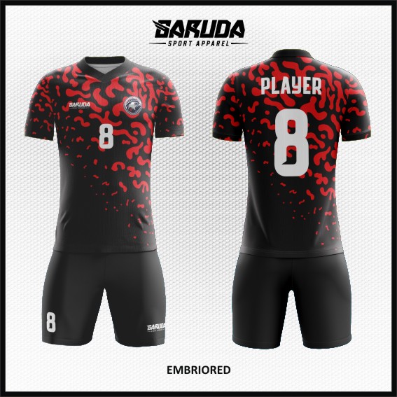 Desain Baju Futsal Tebaru Embriored Hitam Merah