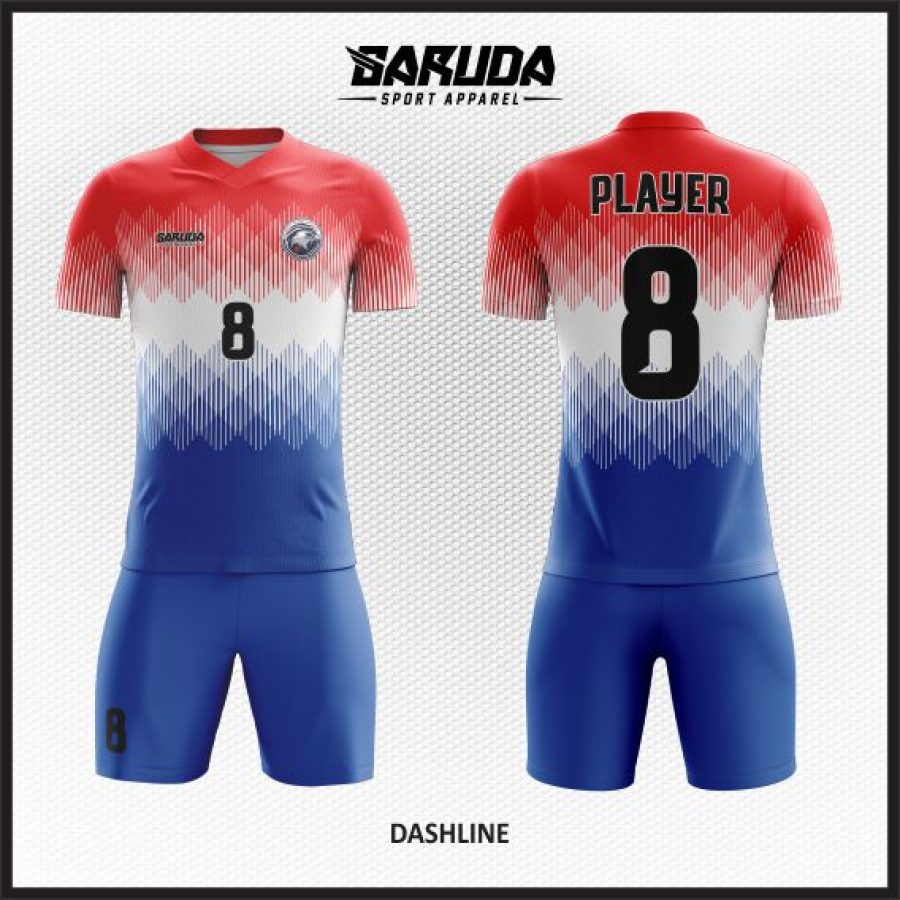 Model Desain Kaos Jersey Dashline yang Sporty Biru Putih Merah