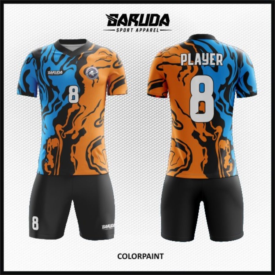 Desain Kaos Jersey Colorpaint Biru Hitam Orange Gambar Tumpahan Cat