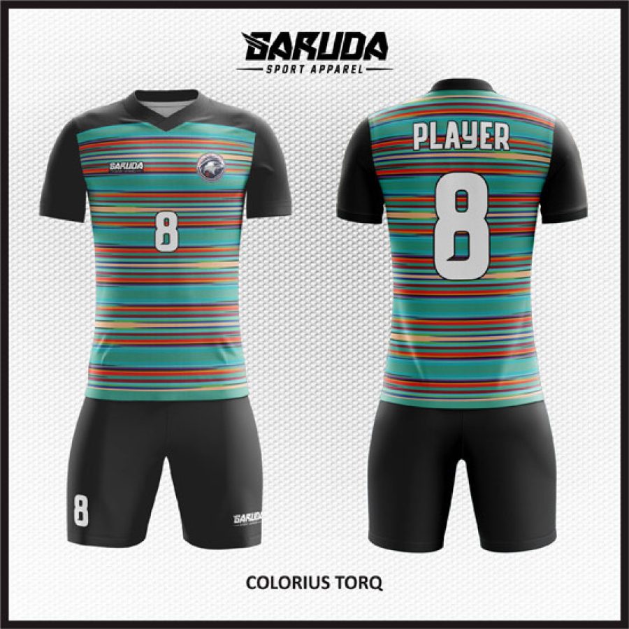 Desain Kostum Jersey Colorius Torq Motif Stripe Warna Toska Hitam