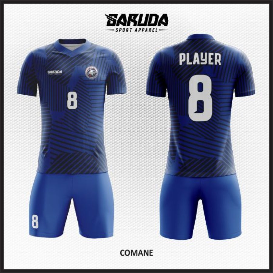 Desain Kostum Jersey Code Comane Warna Biru Motif Garis Tak Beraturan
