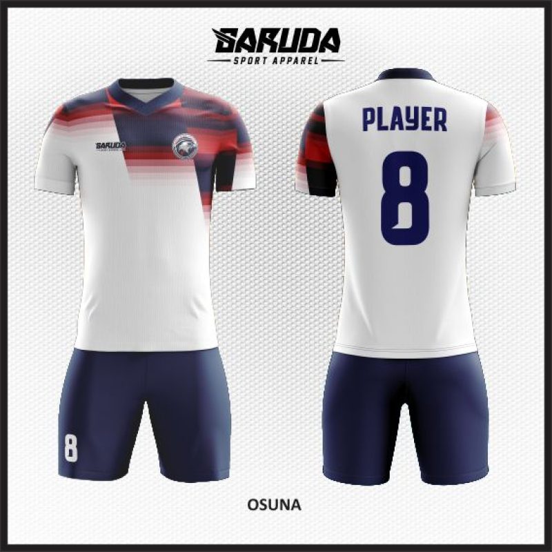 Desain Seragam Jersey Code Osuna Warna Putih Kombinasi Merah dan Dongker