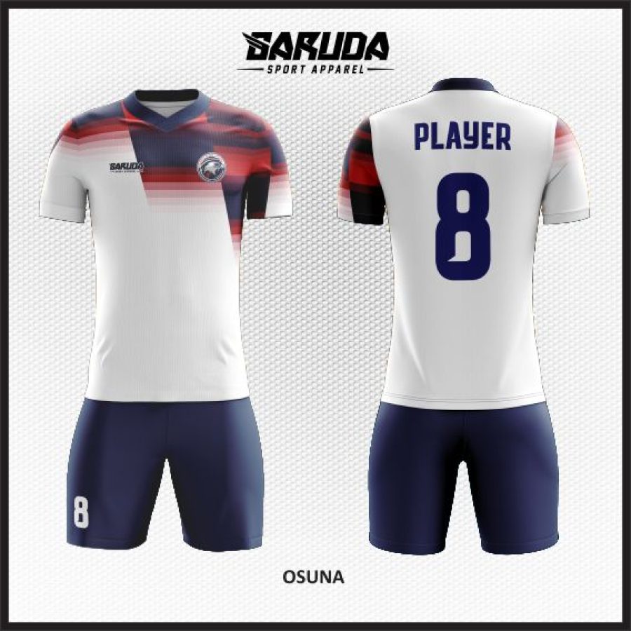 Desain Seragam Jersey Code Osuna Warna Putih Kombinasi Merah dan Dongker