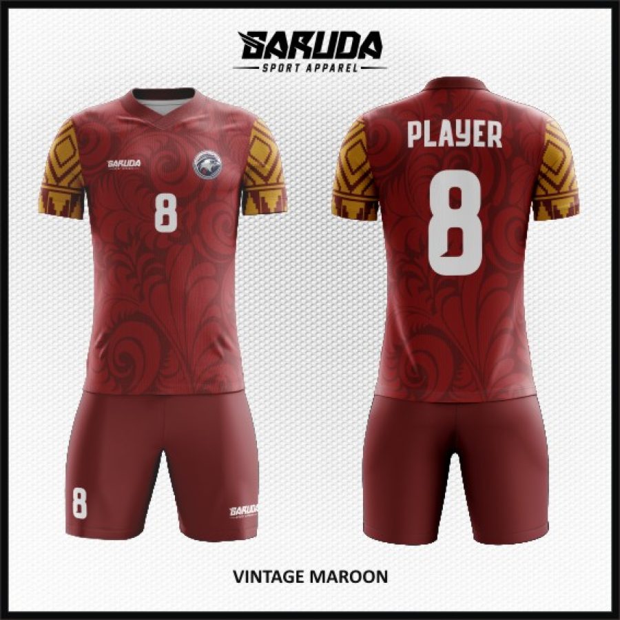 Desain Jersey Code Vintage Maroon Motif Batik Klasik Kombinasi Marun Kuning