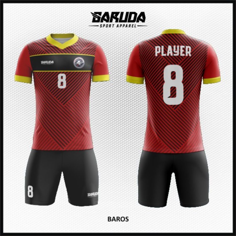 Desain Jersey Code Baros Motif Garis yang Unik Merah Hitam Kuning