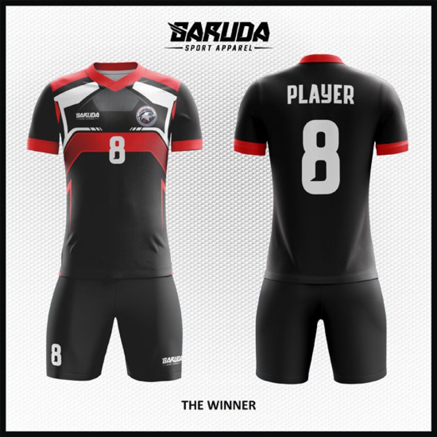 Desain Jersey Terbaik Kode The Winner yang Modern Hitam Merah Putih