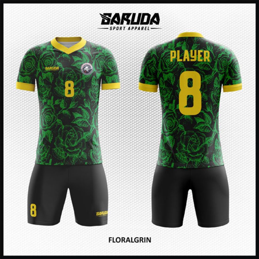 Desain Kostum Jersey Floralgrin Hitam Dengan Ornamen Daun Bunga Hijau