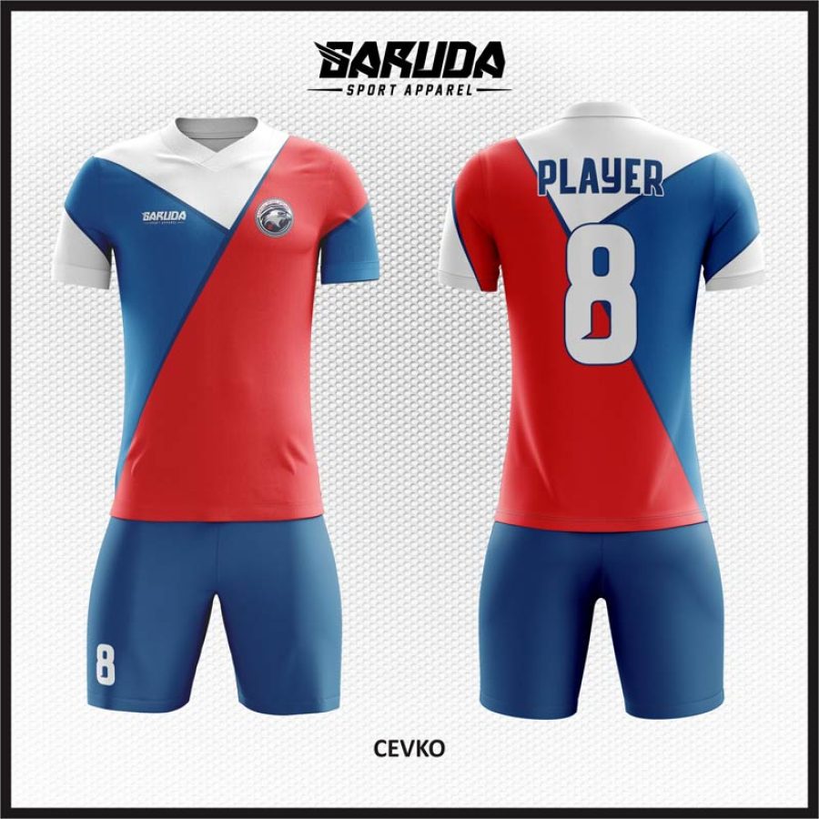Model Desain Baju Jersey Code Cevko Warna Merah Putih Biru