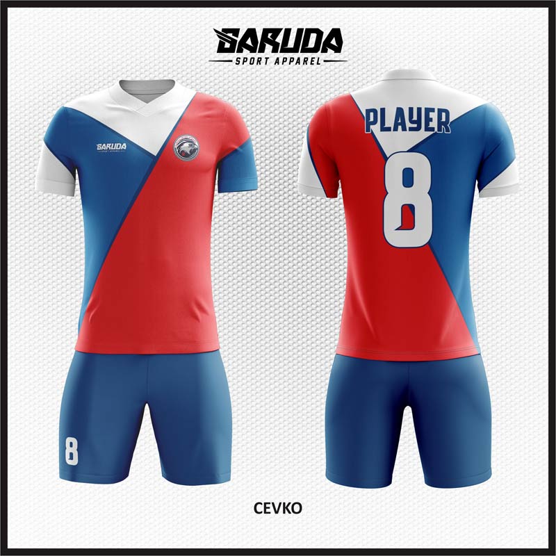 Desain Baju Futsal Code Cevko Warna Merah Putih Biru