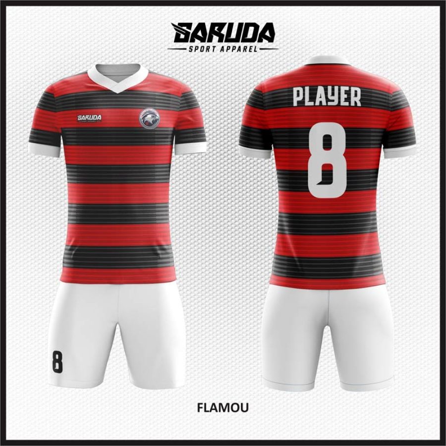 Desain Jersey Code Flamou Warna Merah Hitam Garis-garis Horizontal
