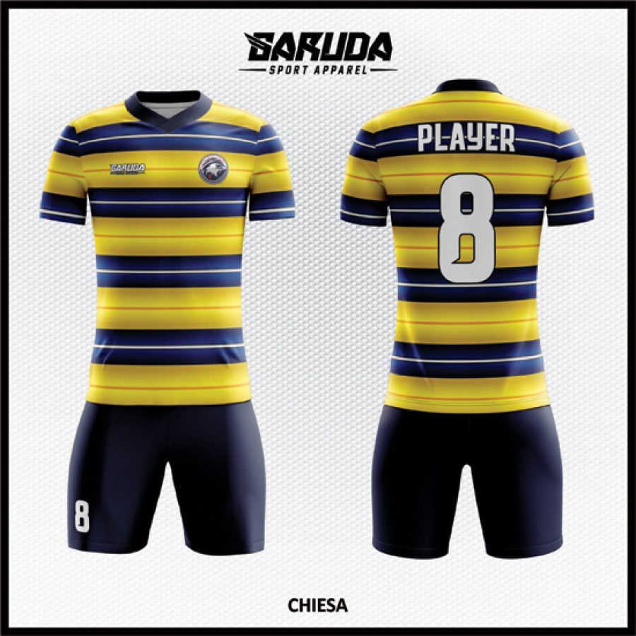 Desain Kaos Jersey Code Chiesa Garis Horizontal Kuning Kombinasi Biru