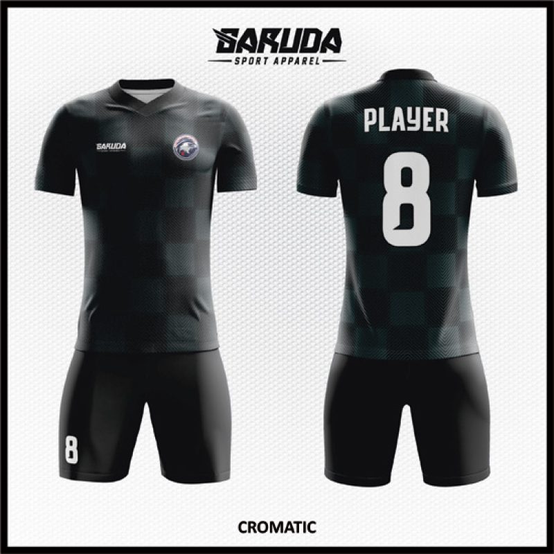 Model Desain Kaos Jersey Code Cromatic Hitam Abu Motif Kotak-kotak
