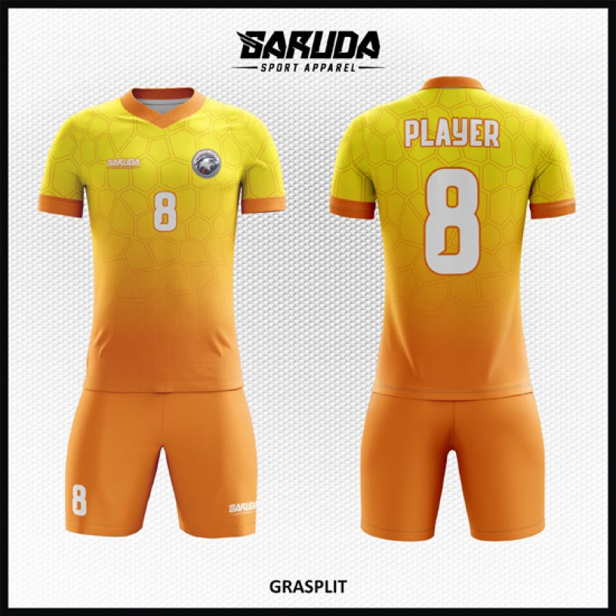 Desain Baju Jersey Grasplit Gradasi Warna Oranye Kuning Ornamennya Unik