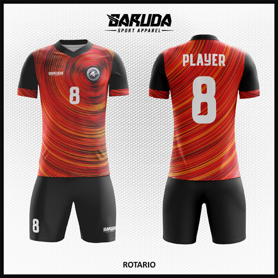 desain kostum futsal printing code ROTARIO merah hitam yang unik