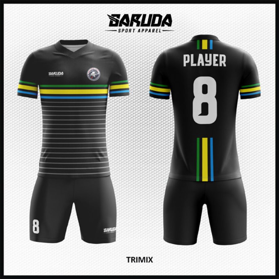 Desain Kostum Jersey Code Trimix Hitam Dengan Garis Hijau Kuning Biru