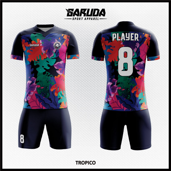 desain seragam sepakbola printing code TROPICO gambar bunga dan daun