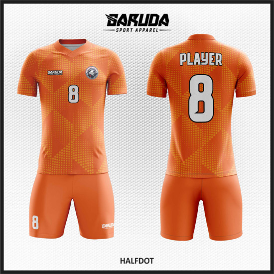 Desain Kostum Sepakbola Printing Code Halfdot dengan Warna Orange Menyala