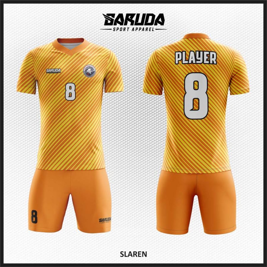 Desain Kaos Jersey Code Slaren Motif Garis Diagonal Orange dan Kuning