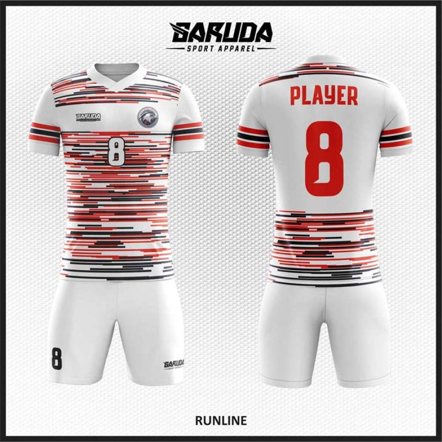 Desain Jersey Code Runline Warna Putih Motif Garis Putus Hitam Merah