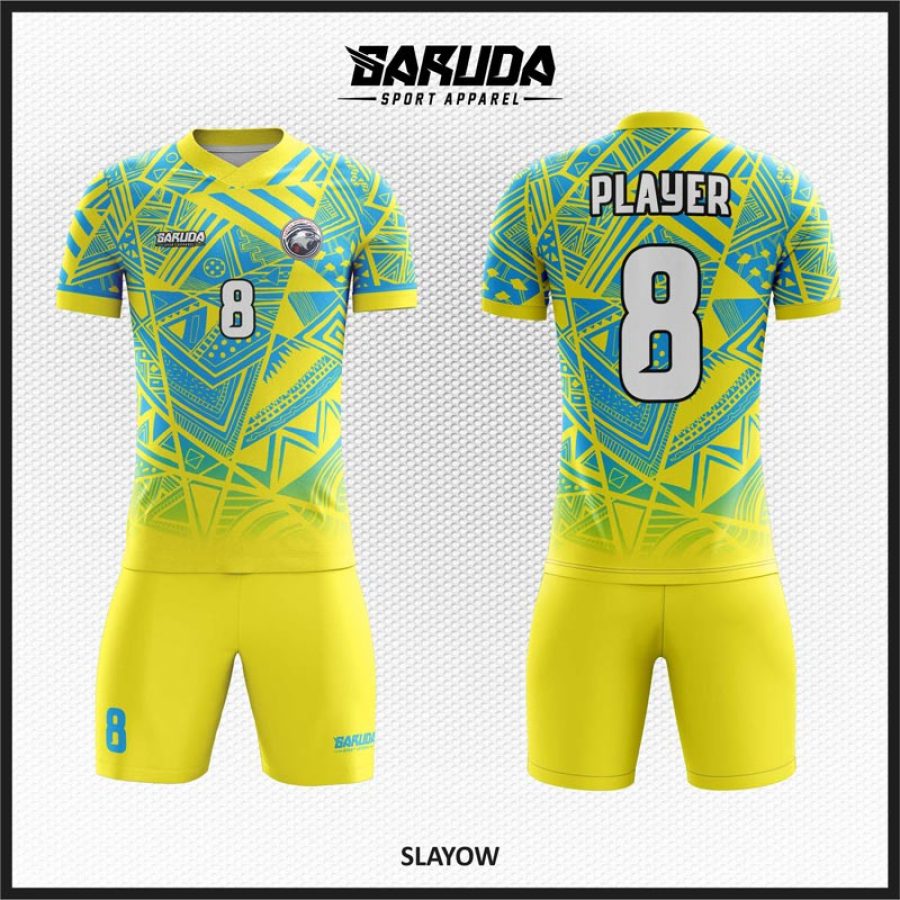 Desain Seragam Jersey Code Slayow Warna Gradasi Kuning Biru Motif Abstrak