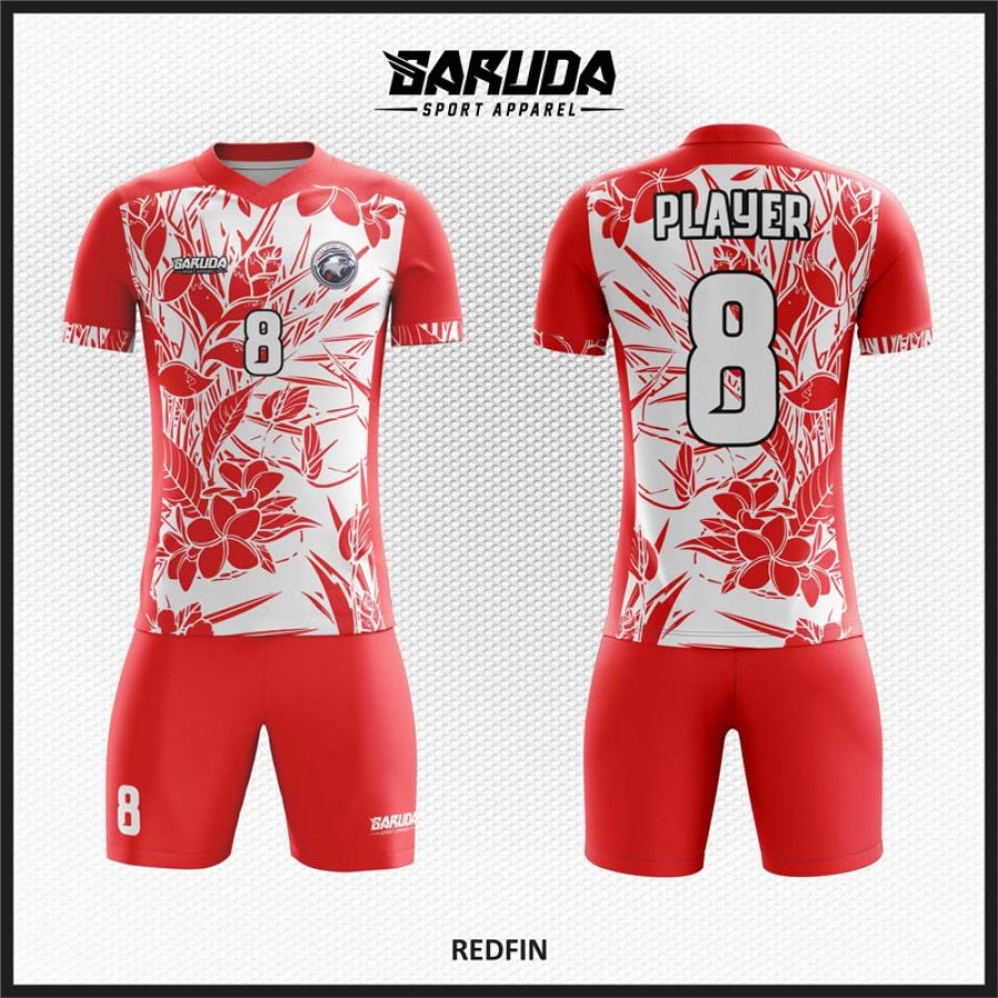 Desain Jersey Code Redfin Warna Merah Putih Motif Bunga dan Daun