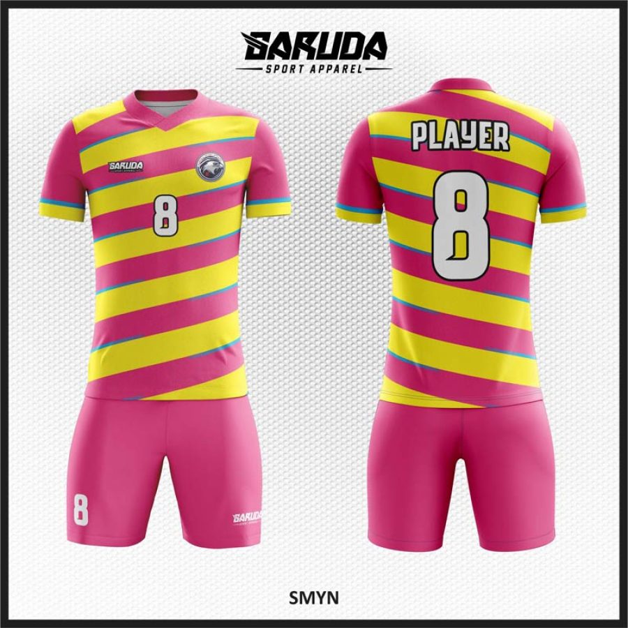 Desain Baju Jersey Code SMYN Kombinasi Warna Pink Kuning dan Biru