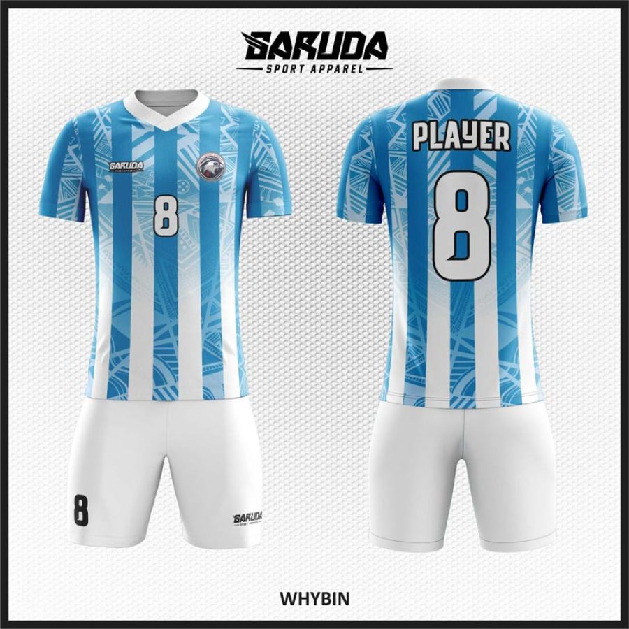Desain Baju Jersey Whybin Motif Garis Dengan Gradasi Warna Biru Putih