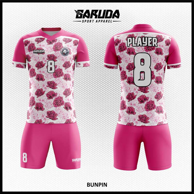 Desain Baju Futsal Bunpin Warna Pink Motif Bunga Cantik Banget