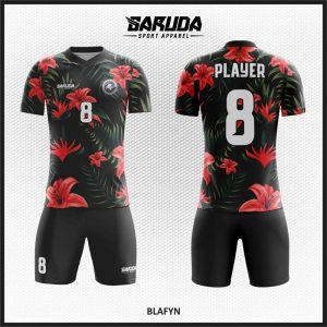 Desain Kostum Futsal Blafyn Warna Hitam Motif Bunga