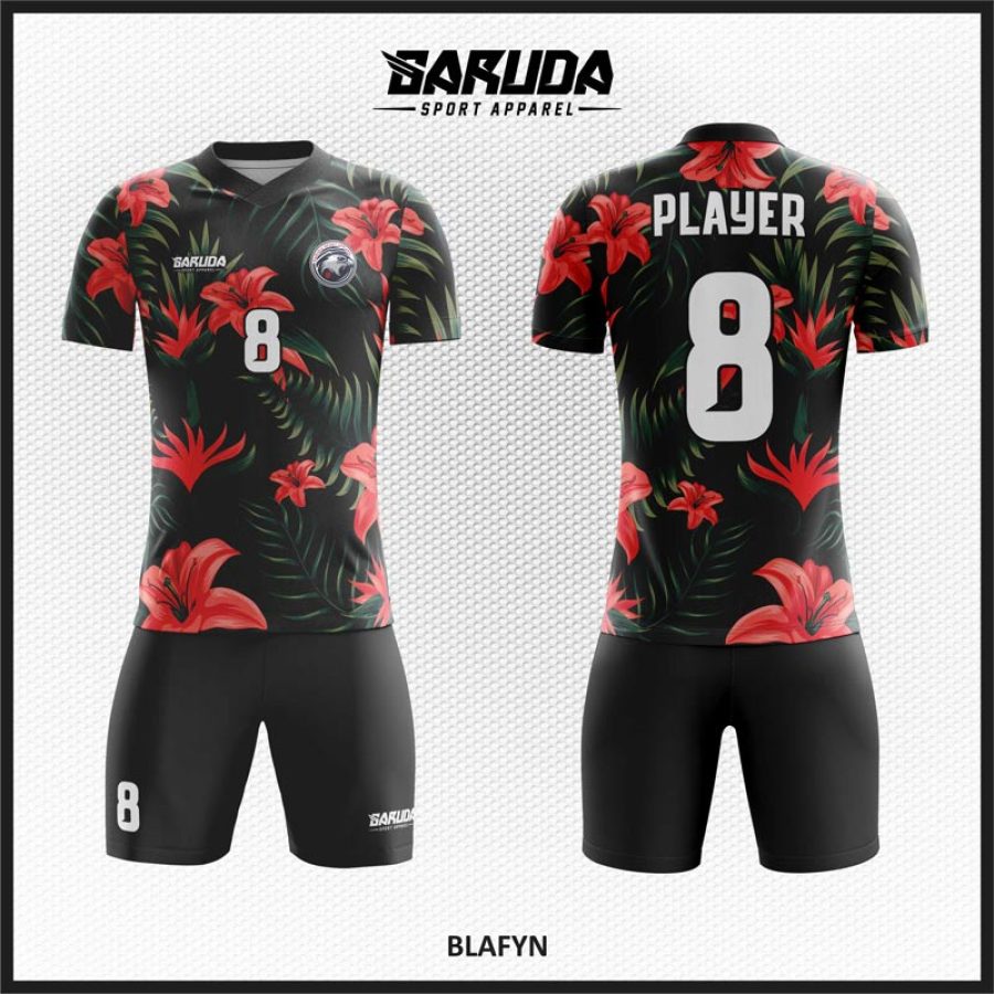Desain Kostum Jersey Code Blafyn Warna Hitam Motif Bunga Merah