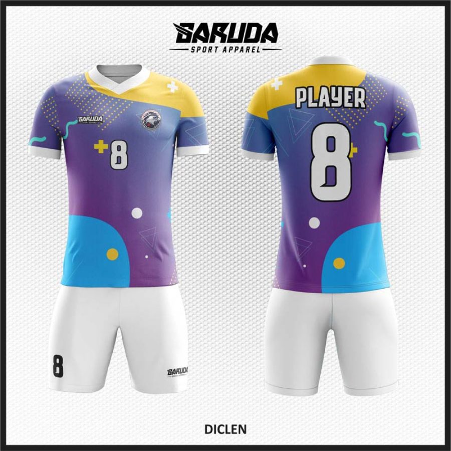 Desain Kaos Jersey Diclen Warna Ungu Kombinasi Kuning dan Biru