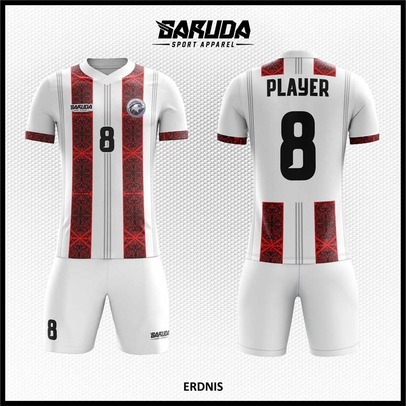 Desain Jersey Erdnis Warna Putih Motif Garis Vertical Kombinasi Batik