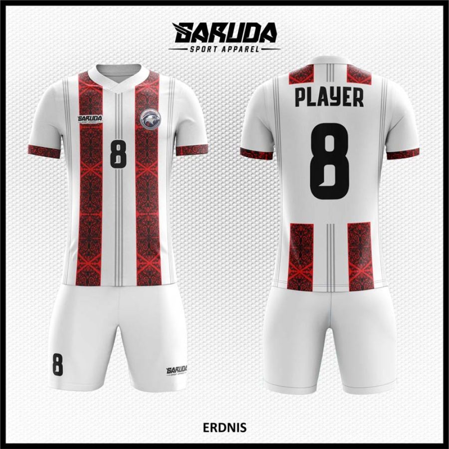 Desain Jersey Erdnis Warna Putih Motif Garis Vertical Kombinasi Batik