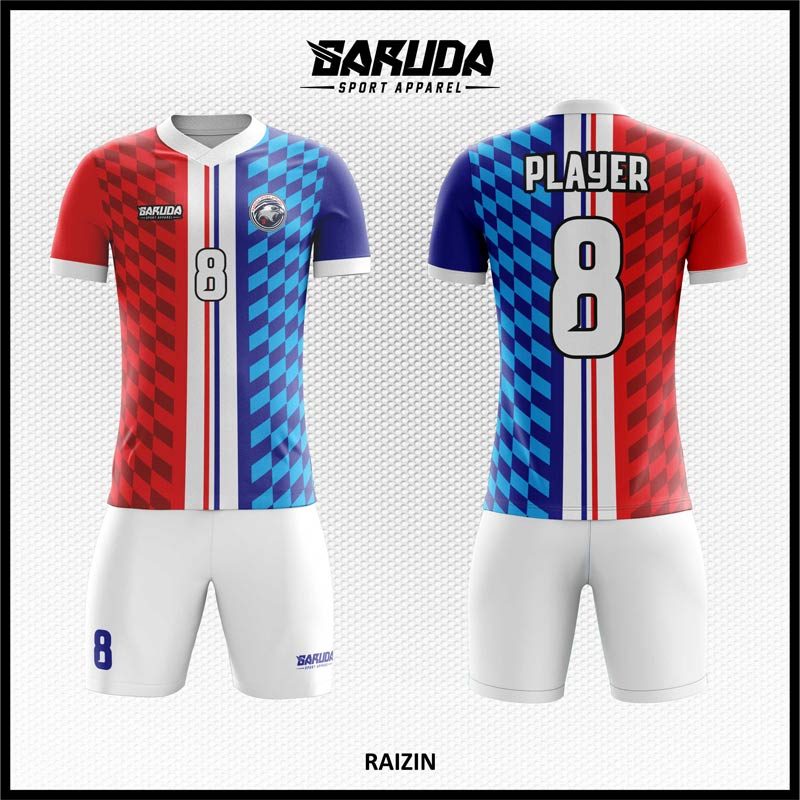Desain Jersey Kotak-kotak Bergaris Code Raizin Merah Biru Putih