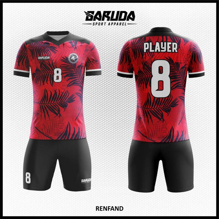 Desain Jersey Code Renfand Warna Merah Hitam Gambar Daun