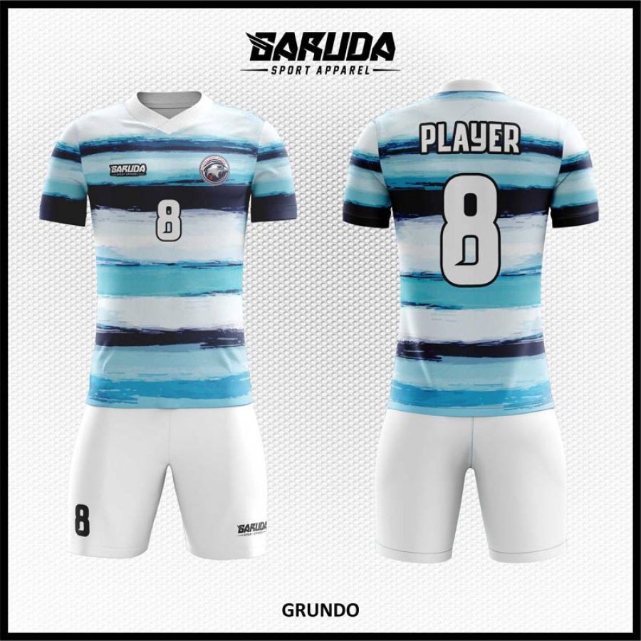 Desain Kostum Jersey Code Grundo Warna Putih Hitam Biru Belang Horizontal