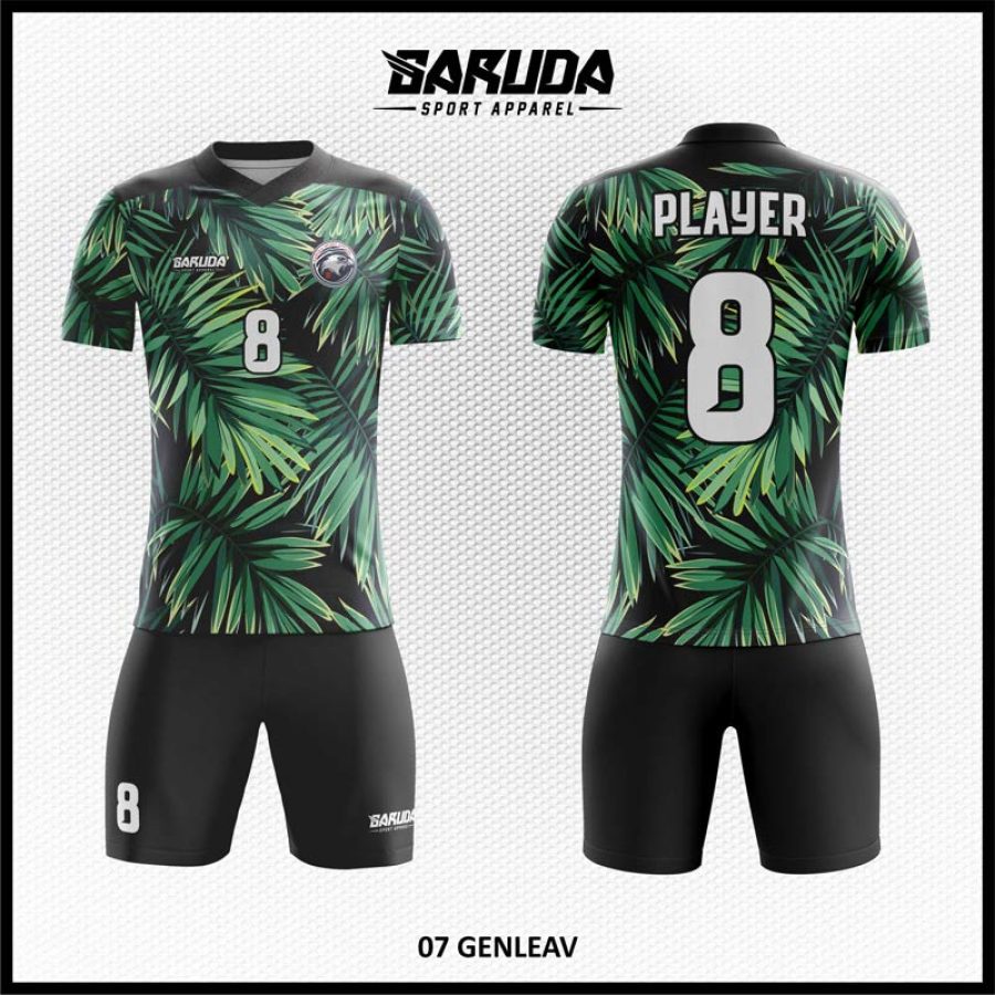 Desain Jersey Code Genleav Warna Hitam Hijau Gambar Daun