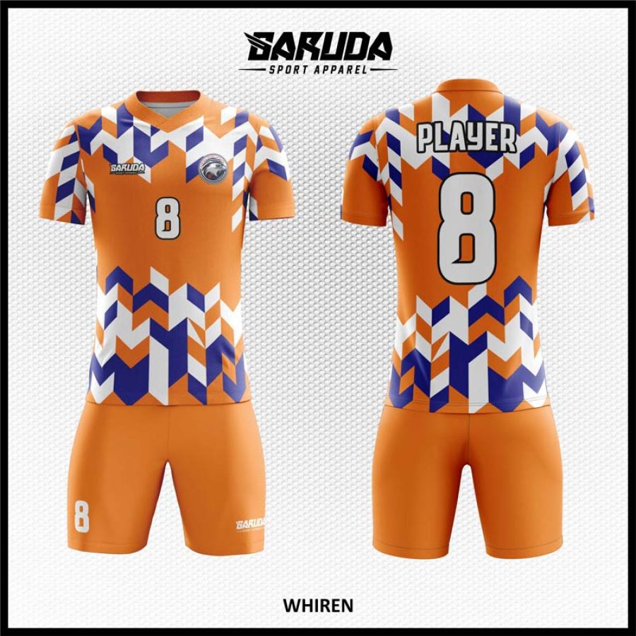 Desain Baju Jersey Code Whiren Warna Orange Kombinasi Biru dan Putih