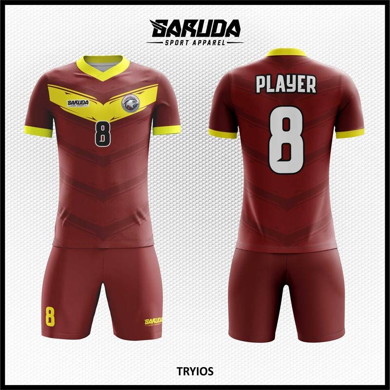 Desain Jersey Code Tryios Motif Huruf V Warna Marun Kuning